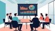 © Michel - A simple drawing of a board meeting. People are seated around a table, with charts on the wall and a presentation screen. The image uses flat colors and a minimalist style.