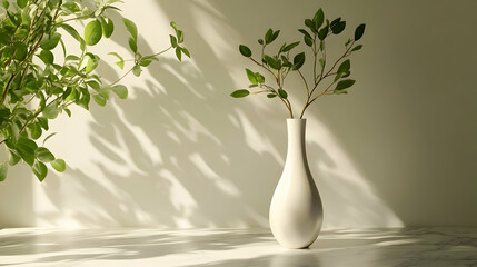 Wall Mural - Sunlight illuminates a white vase with green branches on a white surface, casting shadows.