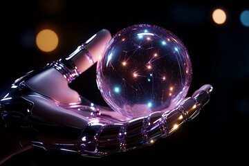 Fototapete - A sleek robotic hand reaching out to touch a glowing orb suspended mid-air.