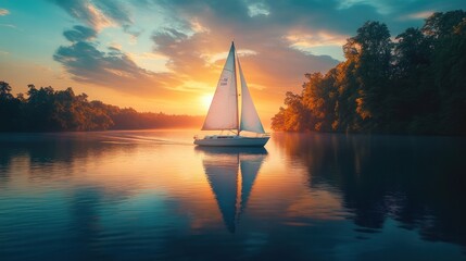 Sticker - Serene Sunset Sailboat: A Peaceful Evening on the Lake