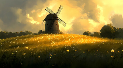 Wall Mural - Sunset view of a rustic windmill standing in a golden field of wildflowers under a dramatic sky.