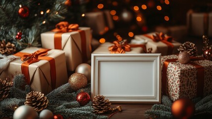 Wall Mural - blank frame amid festive decorations. suitable for holiday themed designs, christmas promotions, and