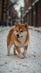 Wall Mural - Shiba Inu playing on a winter street.