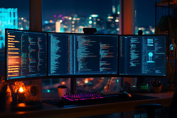 Wall Mural - coding at night with city view