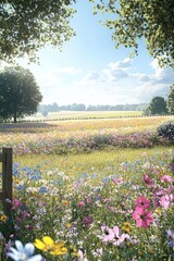 Canvas Print - A vibrant field filled with colorful flowers under a bright sky.