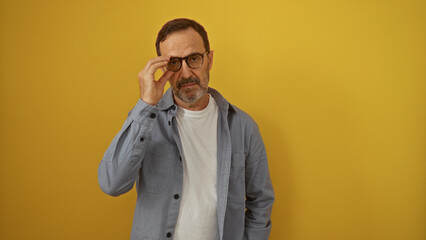 Wall Mural - Hispanic middle-aged man wearing glasses and a blue shirt posing confidently against a yellow background