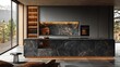 © Stock Source Studio - Sleek modern kitchen matte gray cabinets integrated appliances and a black stone island with waterfall edges The minimalistic design is softened by ambient lighting and natural wood accents