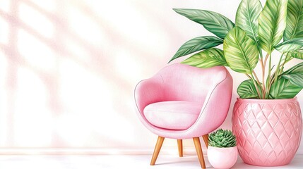 Poster - Modern living room digital illustration stylish pink chair & green plants aesthetic