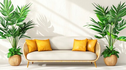 Poster - Home decor inspiration modern sofa with plants in bright living room setting