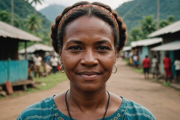 Close portrait of a smiling 40s Papua New Guinean woman looking at the camera, Papua New Guinean city outdoors  blurred background