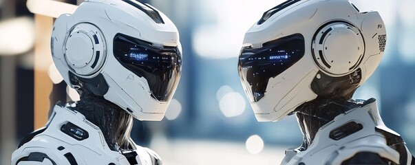 Poster - Two futuristic robots wearing white helmets and suits
