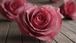 © lastfurianec - A three-dimensional photo of a rose, the petals of which form a heart. The rose is located on a wooden surface. The background is blurred and contains a few more roses.