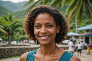 Wall Mural - Close portrait of a smiling 40s Seychellois woman looking at the camera, Seychellois city outdoors  blurred background