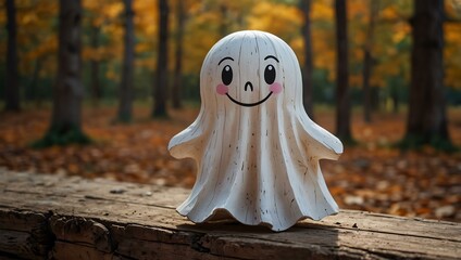 Wall Mural - Smiling toy ghost on wooden boards in an autumn forest.