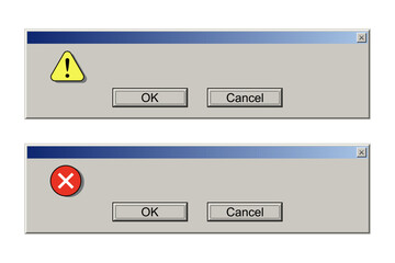 old interface window with error messages. pc problems, web browser alert, software system bug. progr