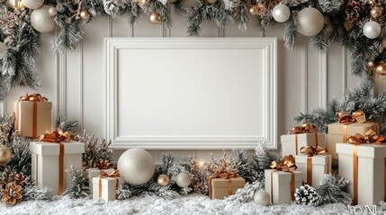 Wall Mural - blank frame amid festive decorations. suitable for holiday themed designs, christmas promotions, and