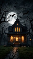 Wall Mural - Spooky Halloween scene with a haunted house and bats.