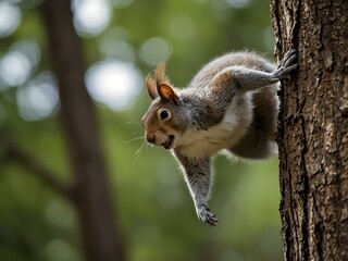 Wall Mural - Squirrel jumping on a tree, upside down.