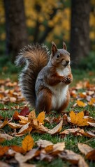 Wall Mural - Squirrel surrounded by autumn leaves.