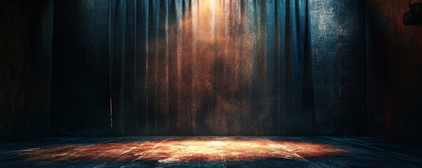 Poster - Spotlight illuminating closed stage curtains and wooden floor in empty theater
