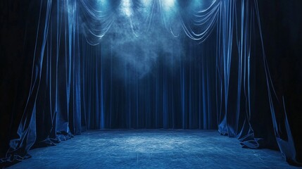 Poster - Blue velvet stage curtains illuminated by spotlights creating a dramatic atmosphere
