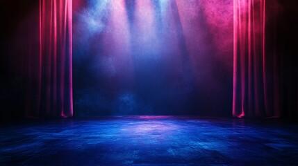 Poster - Empty stage with spotlights and red curtains illuminating blue smoke