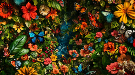 Wall Mural - vibrant floral tapestry with butterflies and lush greenery, creating a visually stunning and immersi