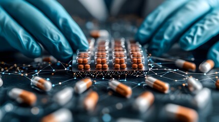 Wall Mural - Gloved hands handling blister packs of pills with capsules scattered on a molecular network background