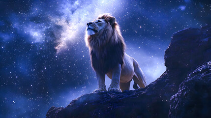 Wall Mural - Lion standing under stars in the background. Style of colorful fantasy realism cosmic landscape