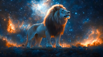 Wall Mural - Lion standing under stars in the background. Style of colorful fantasy realism cosmic landscape