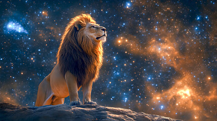 Wall Mural - Lion standing under stars in the background. Style of colorful fantasy realism cosmic landscape