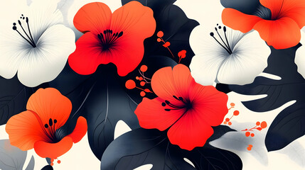 Wall Mural - vibrant red and white hibiscus flowers with dark leaves create a striking floral pattern.
