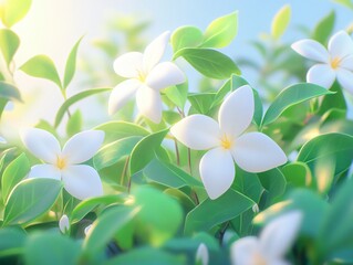 Canvas Print - A serene scene of white flowers amidst lush green leaves under a soft blue sky.