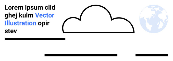 Cloud shape with globe background, black lines, and text block. Ideal for websites, cloud computing, global services, tech guides, education, business presentations, and environmental awareness