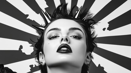 Wall Mural - woman with a spiked hairdo and a black and white background. the woman is wearing a black and white 