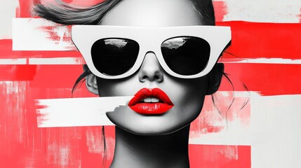 Wall Mural - woman wearing sunglasses and red lipstick. the image is a collage of different colors and textures