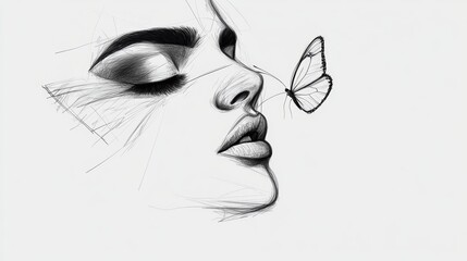 Wall Mural - woman's face is drawn with a butterfly on it. the butterfly is resting on the woman's nose. concept 