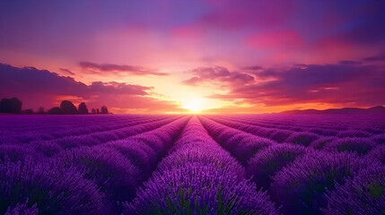 Poster - Vibrant sunset over a vast lavender field, rows stretching to the horizon.