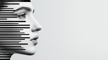 Wall Mural - woman's face is shown in black and white with a white background. the image is a stylized representa