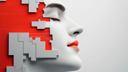 Wall Mural - woman's face is shown in a collage of blocks, with her eyes closed and lips slightly parted. concept