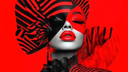Wall Mural - woman with red lips and a black and red hat is the main focus of the image. the hat is a bold and st