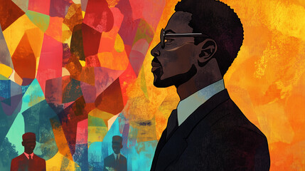 Wall Mural - Profile of a thoughtful Black man in a suit with vibrant abstract colors celebrating Black History Month