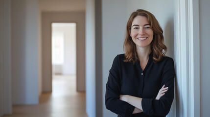 Wall Mural - Smiling real estate agent in modern bright hallway