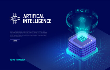 Wall Mural - artificial intelligence web banner, computer database concept with hologram brain and analytics, ai 