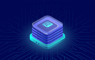 Wall Mural - artificial intelligence isometric vector landing page, ai deep learning, machine learning, technolog