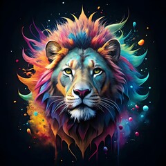  Stunning lion illustration With intricate details and bold colors, this abstract paint splash painting of a colorful lion head isolated on a black background