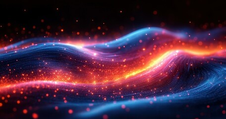 Neon Light Patterns. Abstract glowing wave lines flowing dynamically, futuristic digital background for technology, innovation, science presentations, website design, vibrant neon colors, dark starry