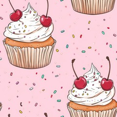 Wall Mural - Adorable Cupcakes Pattern with Cherries