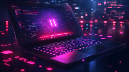 laptop displays neon code, glowing keyboard, night cityscape