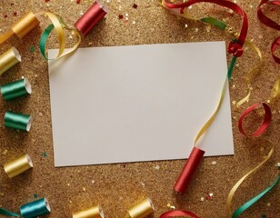 Wall Mural - Colorful streamers and confetti frame a blank card, perfect for festive celebrations.